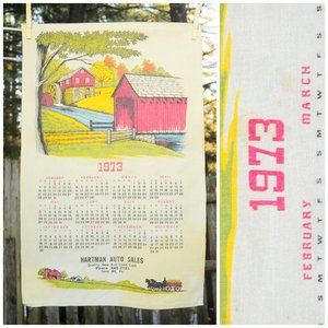 VTG 1973 Red Covered Bridge Watermill Calendar Towel Hartman Auto Terre HIll PA